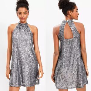 LOFT Petite Sequin Cutout Back Halter Swing Dress Silver New Years Holiday Large